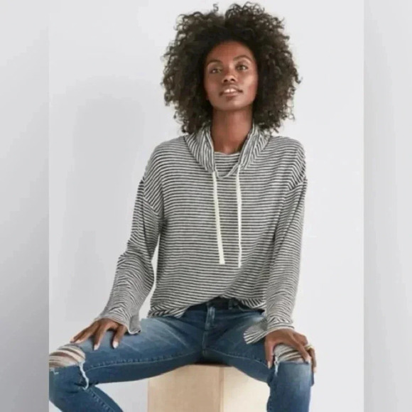 Lucky Brand Funnel Neck Cloud Jersey Pullover Grey Stripes Lightweight Size S - Picture 1 of 6